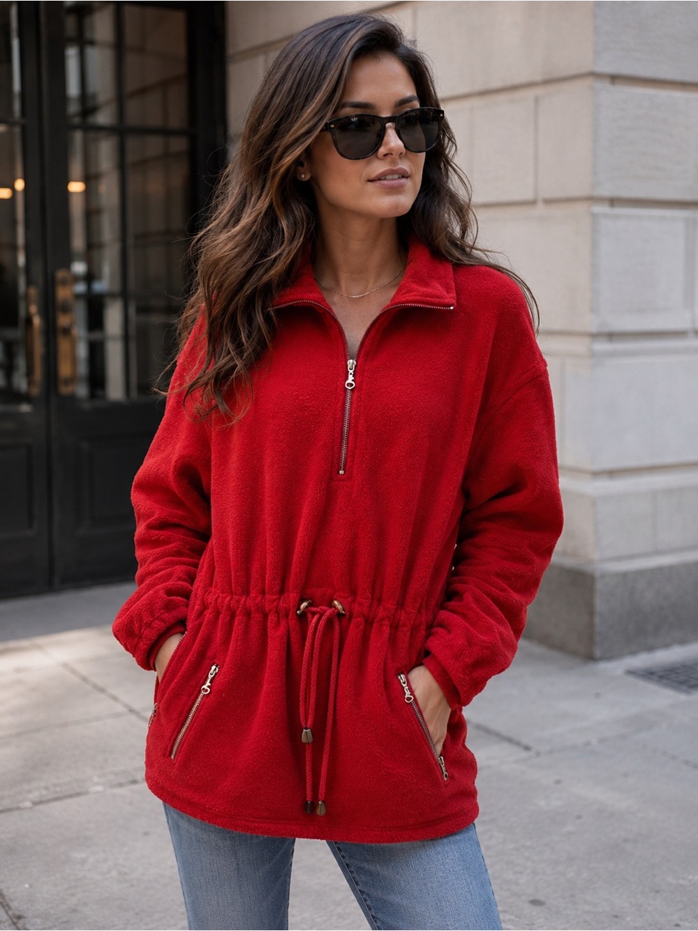 Vintage Sonia Bogner Red 1/4 Zip Turtleneck Fleece Apres-Ski Jacket Size Medium